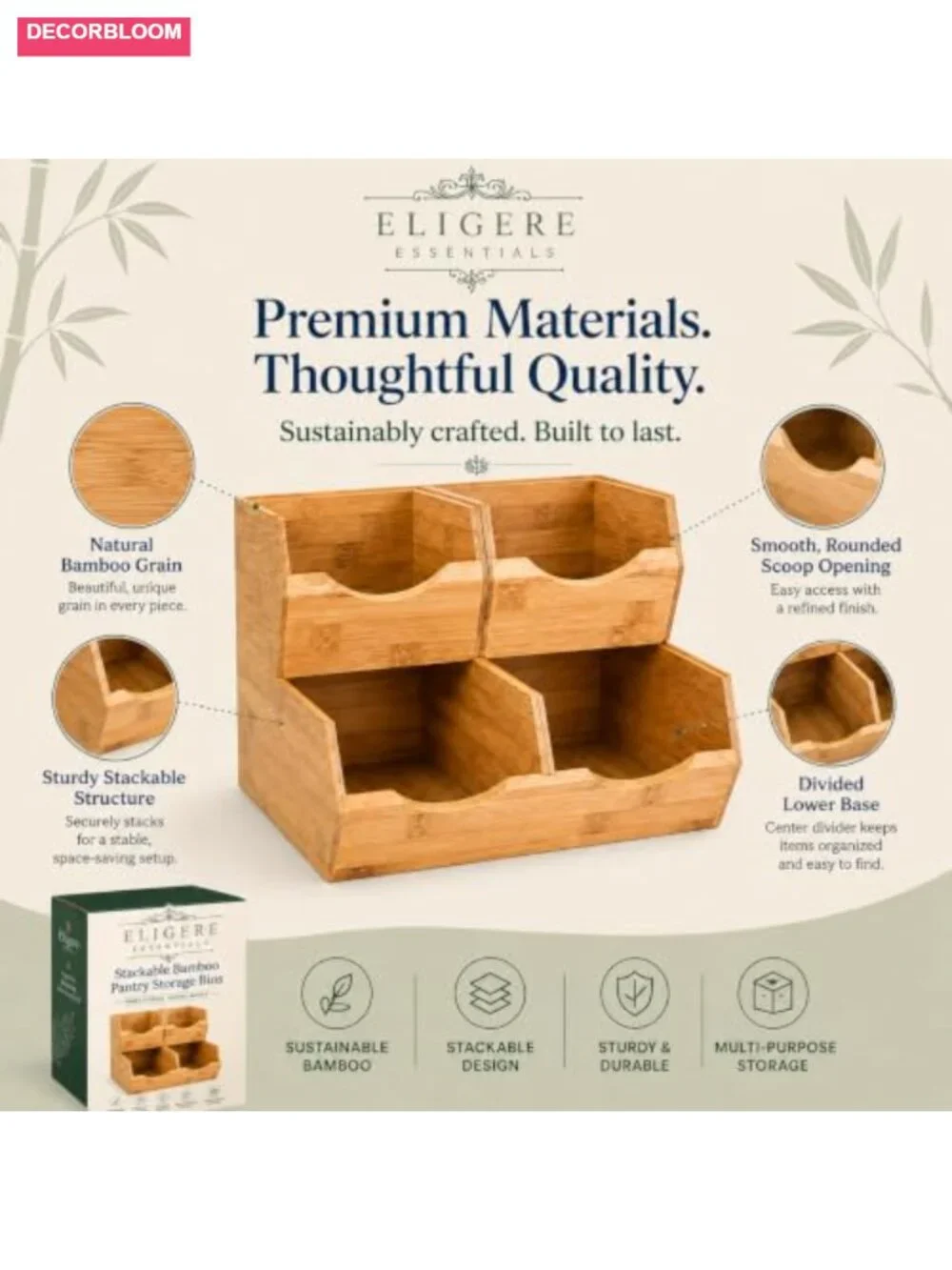 Bamboo Stackable Pantry Storage Bins Set 3 Piece Potato Onion Kitchen Organizer
